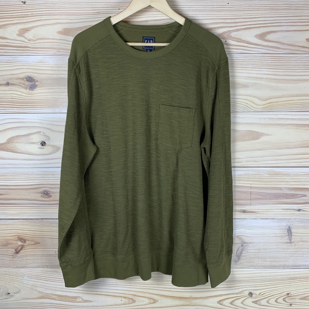 Gap T-Shirt Mens XL Olive Green Slub Knit Long Sleeve Chest Pocket Crew Neck Top